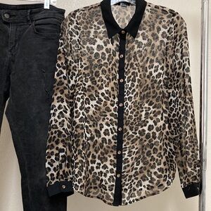Animal Print Sheer Button Down Blouse